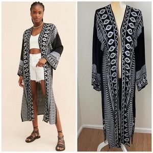 Anthropologie Ollari Embroidered Long Duster Size M Black Silver